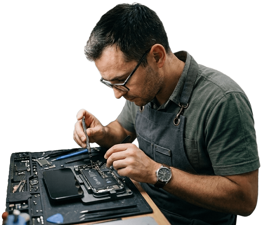 Technician repairing a phone at the Maria Cell counter